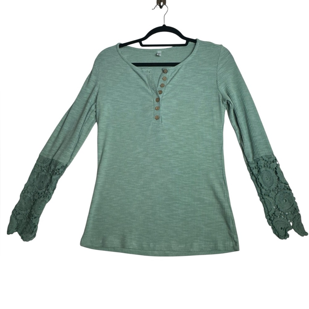 Kancystore Green Long Sleeve Henley Top with Crochet‎ Bell Sleeves Size L